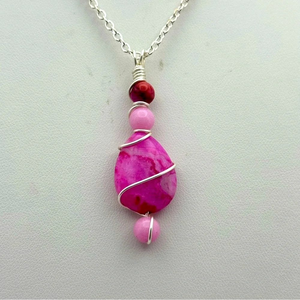 Wire-Wrapped Pink Gemstone Teardrop Pendant Necklace